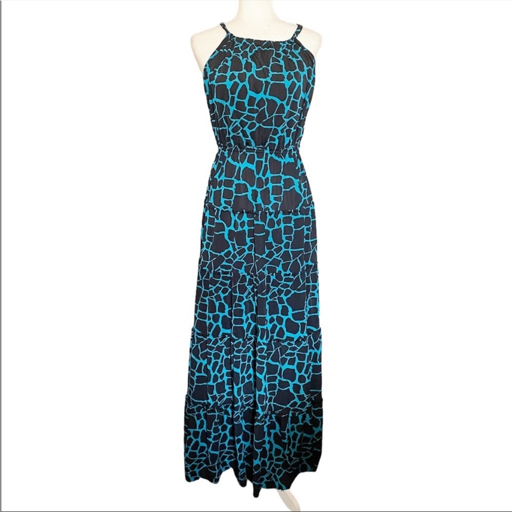 T-Bags Los Angeles Black Blue Animal Print Halter Tiered Boho Maxi Dress size S
